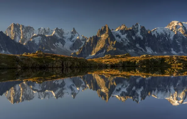 Landscape, mountains, lake, French Alps, Reflections, Lac de Cheserey