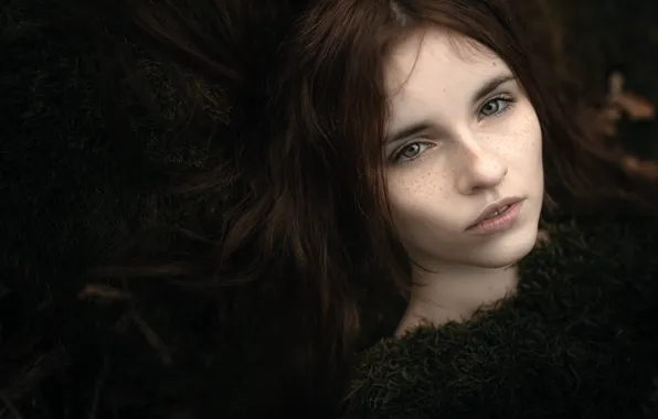 Hair, portrait, freckles, bokeh, beauty in moss