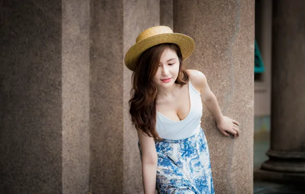 Picture girl, pose, skirt, hat, Mike, neckline, Asian, cutie