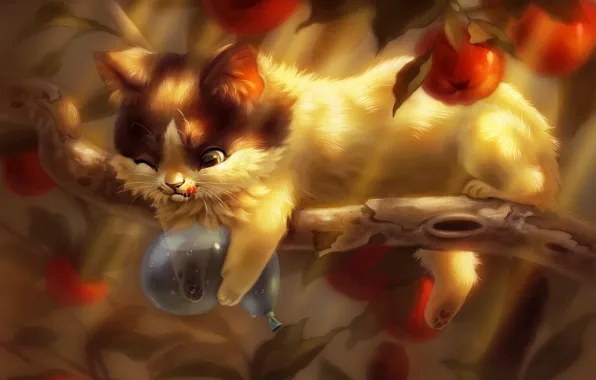 Tree, apples, branch, ball, kitty, illustration, digital art, Amelia Bothe