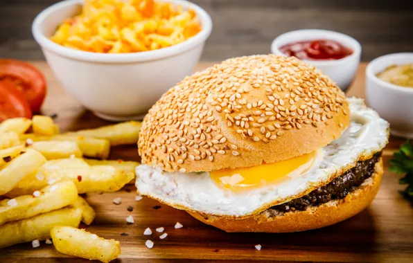 Food, sandwich, sauce, French fries