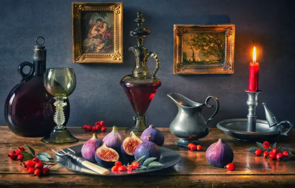 Picture style, berries, wine, glass, bottle, candle, briar, pictures