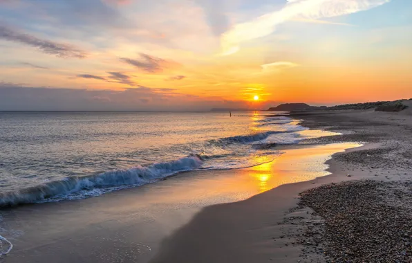 Wallpaper the sun, surf, shore, beach, sea, dawn, the sky, sunset