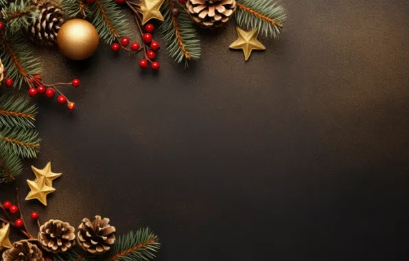 Stars, branches, berries, the dark background, Shine, ball, sequins, fruit