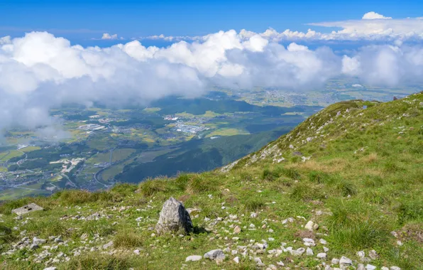 Picture clouds, landscape, mountains, nature, the city, stones, Japan