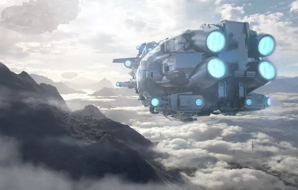 Clouds, Planet, Flight, Fantasy, Landscape, Art, Art, Spaceship