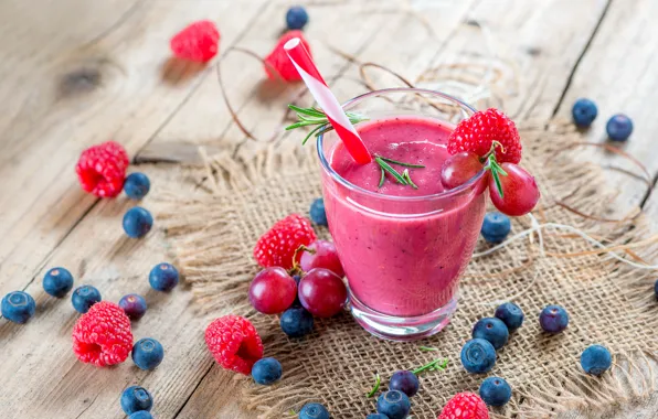 Picture glass, berries, grapes, drink, wood, smoothies