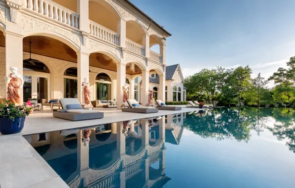 Villa, pool, columns, architecture, statues, terrace, Dallas, Dallas