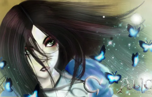 Look, face, blue, butterfly, hair, the game, dress, art