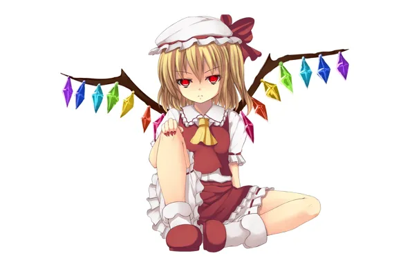 Picture white background, crystals, sitting, red eyes, cap, art, Touhou Project, Flandre Scarlet