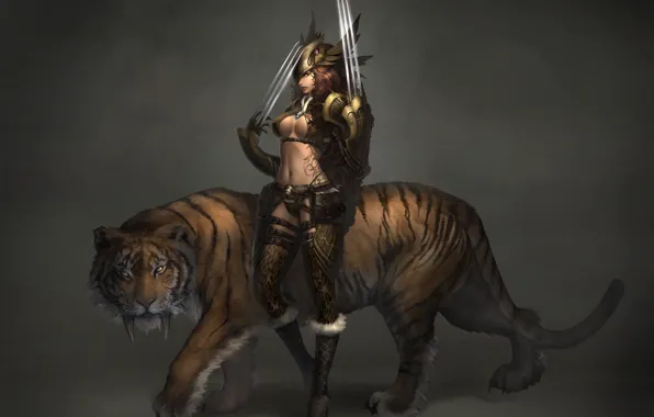 Picture girl, tiger, weapons, art, tattoo, Atlantica online, Sabretooth