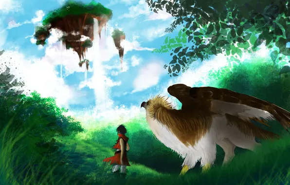 The sky, water, clouds, nature, eagle, anime, art, guy