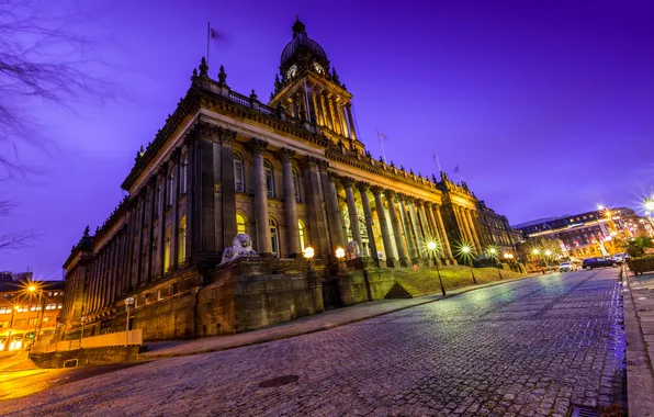 Picture the sky, lights, house, street, England, the evening, columns, Leeds