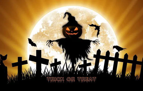 Night, holiday, the moon, pumpkin, Halloween, Scarecrow