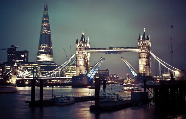 Night, lights, England, London, Tower bridge