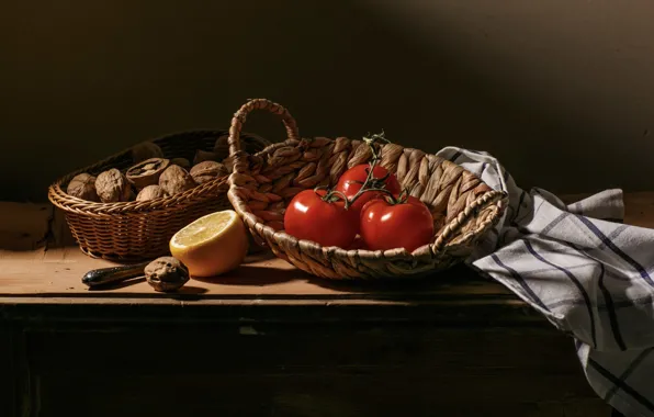 The dark background, lemon, food, towel, still life, tomatoes, items, walnuts