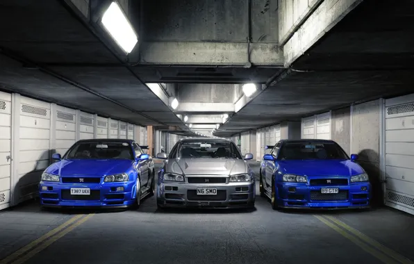 Picture r34, blue, nissan, front, skyline, view, gtr, silver