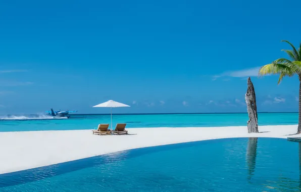 Beach, the ocean, island, umbrella, pool, The Maldives, sun loungers, hydroplane