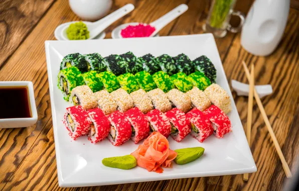 Design, table, plate, bokeh, sushi, seafood