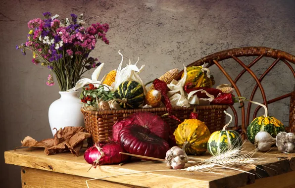 Flowers, bow, pumpkin, vegetables, garlic, asters