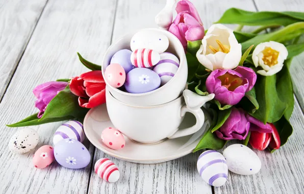 Flowers, eggs, colorful, Easter, tulips, happy, wood, pink