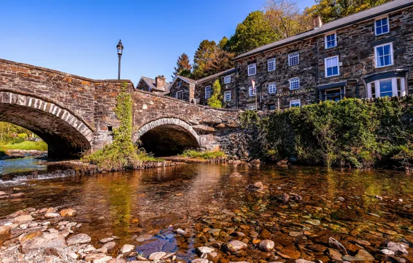 The sun, trees, bridge, stones, home, UK, river, Wales