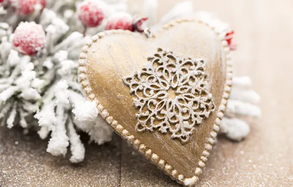 Winter, snow, decoration, heart, New Year, Christmas, golden, new year