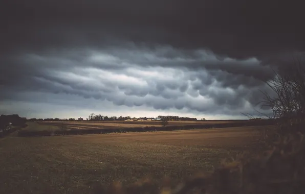 The storm, clouds, house, field, the barn, the countryside, farm