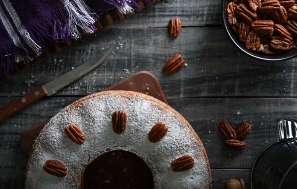 Food, pie, knife, fabric, Board, nuts, cakes, walnuts
