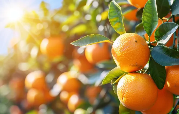 Leaves, the sun, light, branches, oranges, garden, fruit, a lot