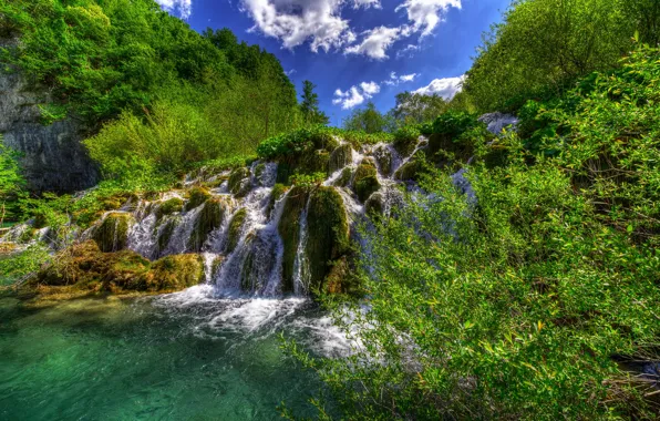 Greens, forest, summer, the sky, the sun, clouds, trees, waterfall