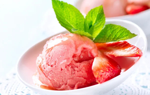 Picture strawberry, ice cream, bowl, mint, syrup, cream, bowl, strawberry syrup