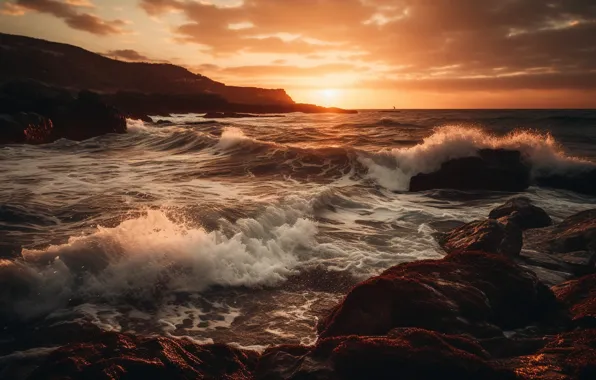 Sea, wave, landscape, nature, shore, surf, digital art, AI art
