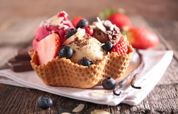 Picture berries, ice cream, dessert, waffles, napkin