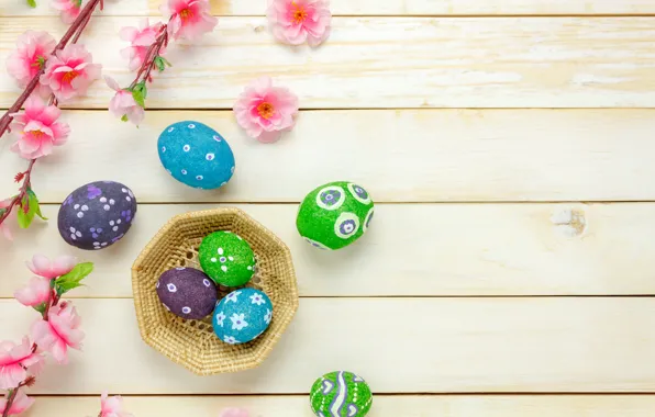 Flowers, basket, eggs, spring, colorful, Easter, pink, wood