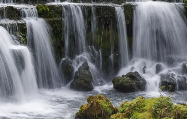 Stones, rocks, shore, waterfall, moss, stream, waterfalls