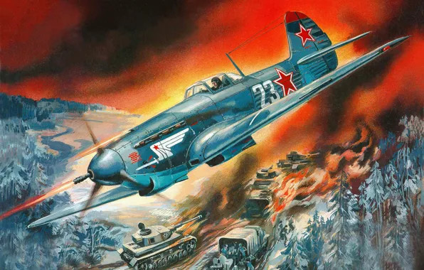Picture fighter, fighter, airstrike, Yakovlev, Soviet, single-engine, Russian, WW2.