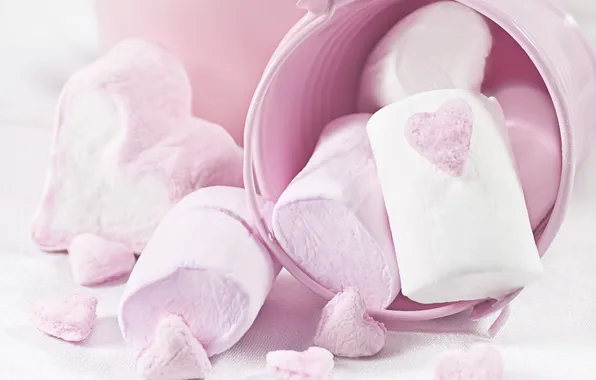 Picture pink bucket, marshmallow hearts, White and pink marshmallows