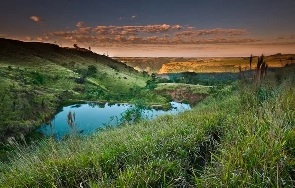 The sky, clouds, lake, hills