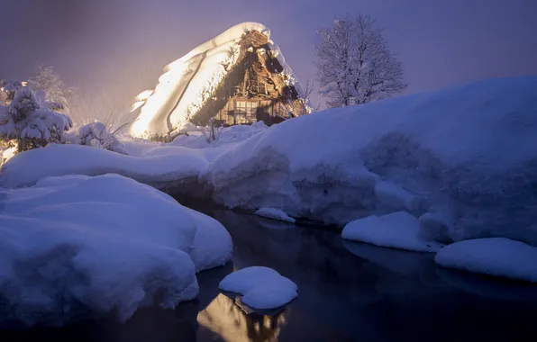 Picture winter, snow, night, lights, house, stream, Japan, the island of Honshu