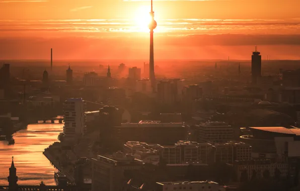 Tower, river, Germany, sunset, Berlin, cranes, TV tower