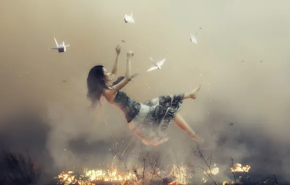 FIRE, FLIGHT, DRESS, BRUNETTE, BIRDS, SUNDRESS, ORIGAMI