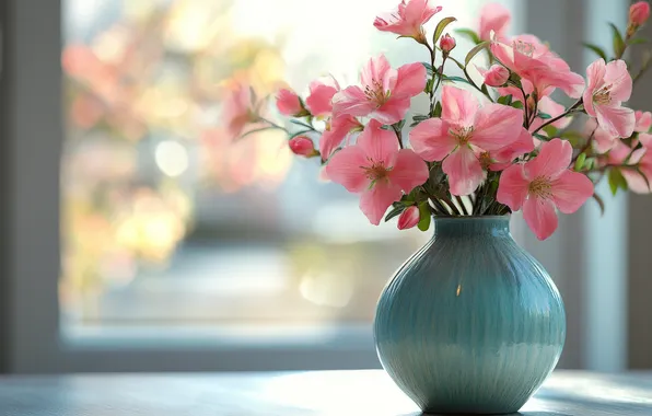 Glass, light, flowers, branches, bouquet, window, vase, sill