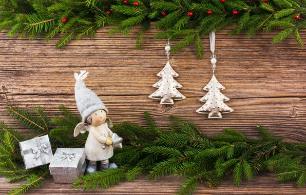 Picture branches, box, gift, tree, new year, figures, composition, Rights Reserved