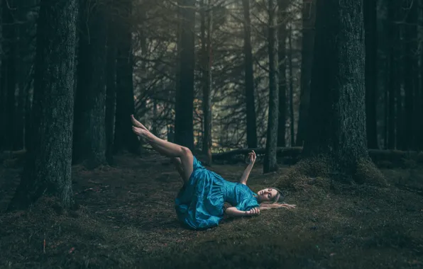 Picture forest, girl, flight, pose, fantasy, feet, dress, fairy