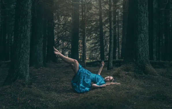 Forest, girl, flight, pose, fantasy, feet, dress, fairy