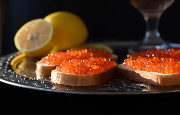 Lemon, sandwich, caviar