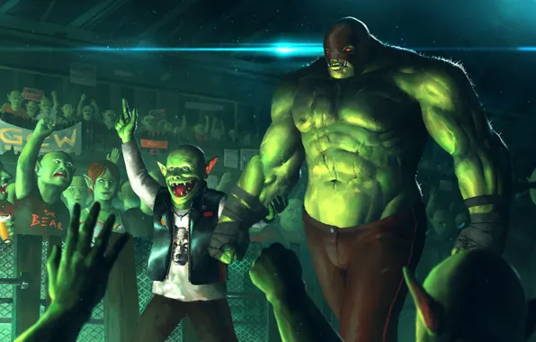 Green, art, strongman, monsters