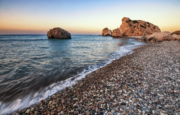 Sea, beach, landscape, sunset, pebbles, rocks