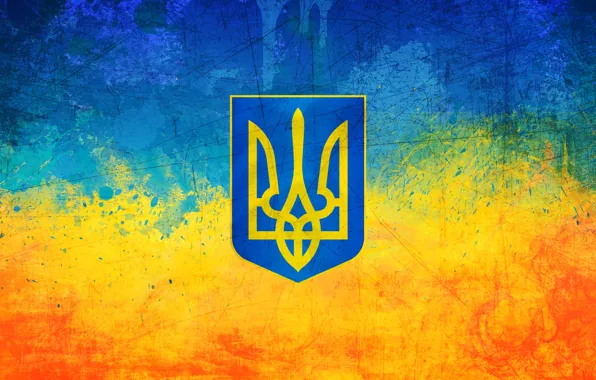 Yellow, blue, flag, coat of arms, Ukraine, Trident, Ukraine